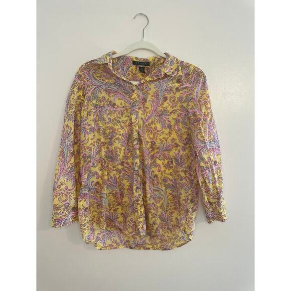 Ralph Lauren Women's 100% Cotton Preppy Purple/Yellow Pailsey Button Down Large - Picture 1 of 6